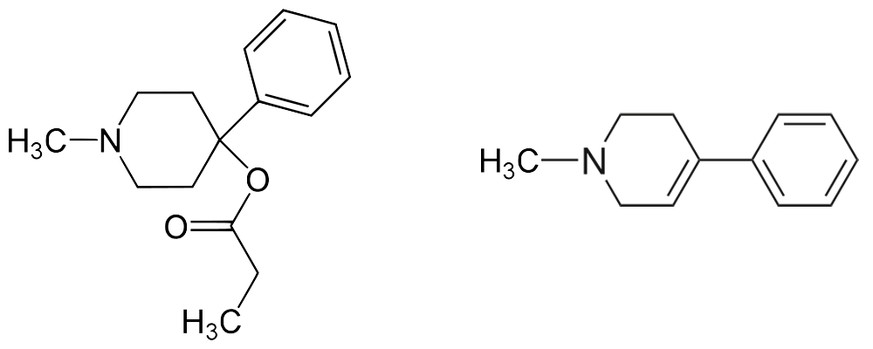 Fataler Unterschied: Die chemische Struktur der Designerdroge MPPP (l.) und des Nervengifts MPTP.