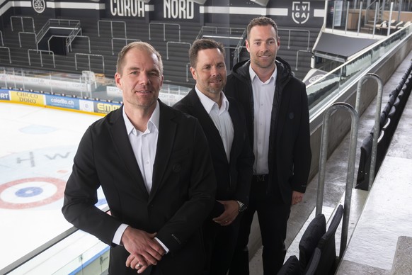 From left, Tomas Mitell new HC Lugano Head Coach , Stefan Hedlund Associate Coach and Janick Steinmann General Manager, during the presentation of the new HC Lugano technical staff season 2025 - 2026  ...