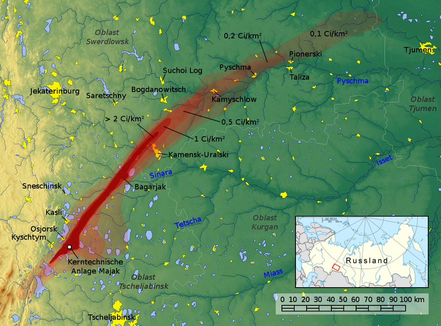 Die sogenannte Ostural-Spur bezeichnet die kontaminierten Gebiete nach dem Kyschtym-Unfall. 