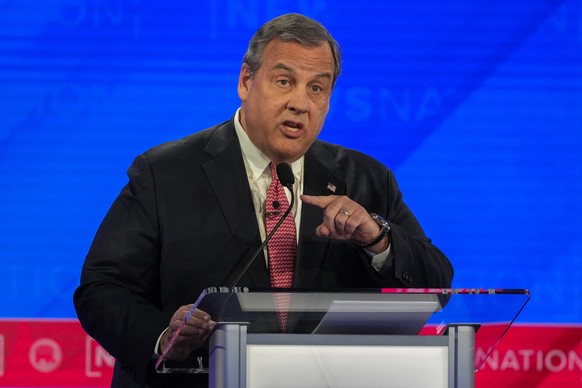 Republican presidential candidate former New Jersey Gov. Chris Christie speaks during a Republican presidential primary debate hosted by NewsNation on Wednesday, Dec. 6, 2023, at the Moody Music Hall  ...