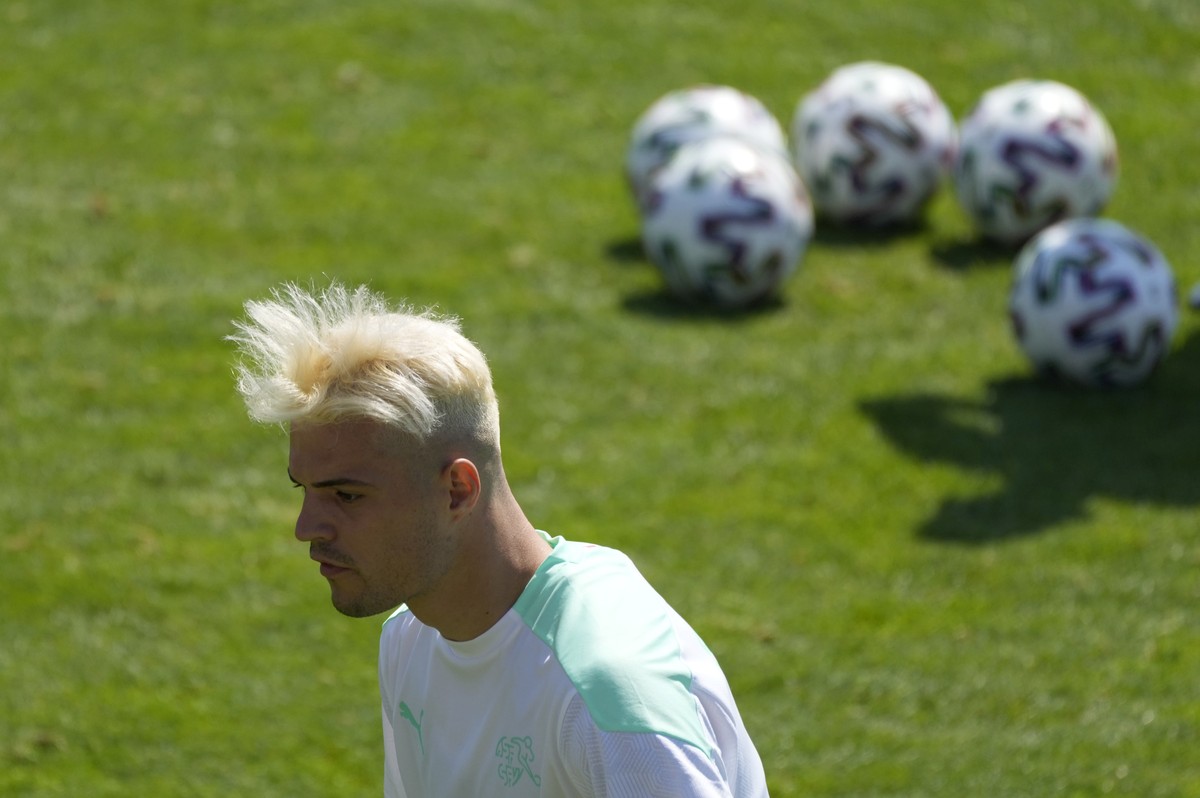 Switzerland's Granit Xhaka attends a training session, in Rome, Tuesday, June 15, 2021, the day before the Euro 2020 soccer championship group A match between Italy and Switzerland. (AP Photo/Ale ...