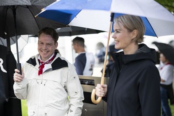 Landammann werden Yves No�l Balmer , left, and Natalie Rickli, gouvernment president of the canton Zurich, pictured during the Sechselaeuten, on the Streulewiese in Heiden, Switzerland, on June 22, 20 ...