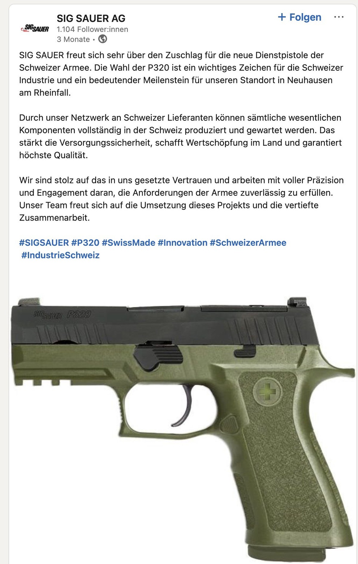 LinkedIn-Beitrag von SIG Sauer AG zur neuen Schweizer Armeepistole P320 (Screenshot: watson)