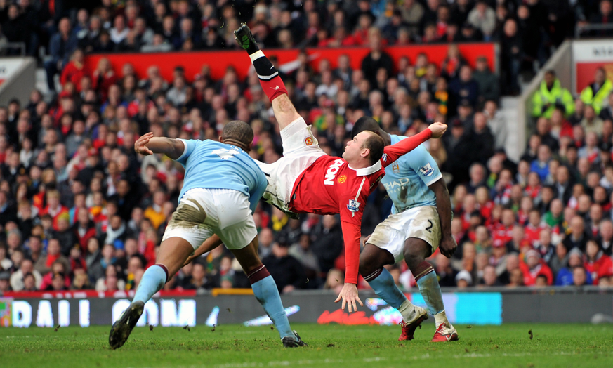 Im Manchester-Derby ist Spektakel vorprogrammiert – einst traf Wayne Rooney (in der Mitte) spektakulär per Fallrückzieher zum Sieg von United.