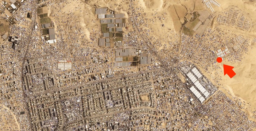 Der mutmassliche Ort des Raketenangriffs gleich beim Kuwait Al-Salam Camp 1. Gleich gegenüber (weisses Dach) befinden sich Lagerhallen der UNRWA.