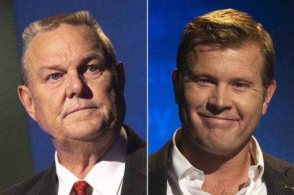 FILE - This combination of images shows from left, U.S. Sen. Jon Tester, and opponent, Republican Montana Senate candidate Tim Sheehy, during a debate in Missoula, Mont., on Sept. 30, 2024. (Ben Allan ...