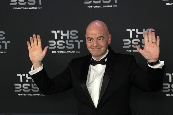 FIFA president Gianni Infantino poses on the green carpet before the ceremony of the Best FIFA Football Awards in Paris, France, Monday, Feb. 27, 2023. (AP Photo/Michel Euler)