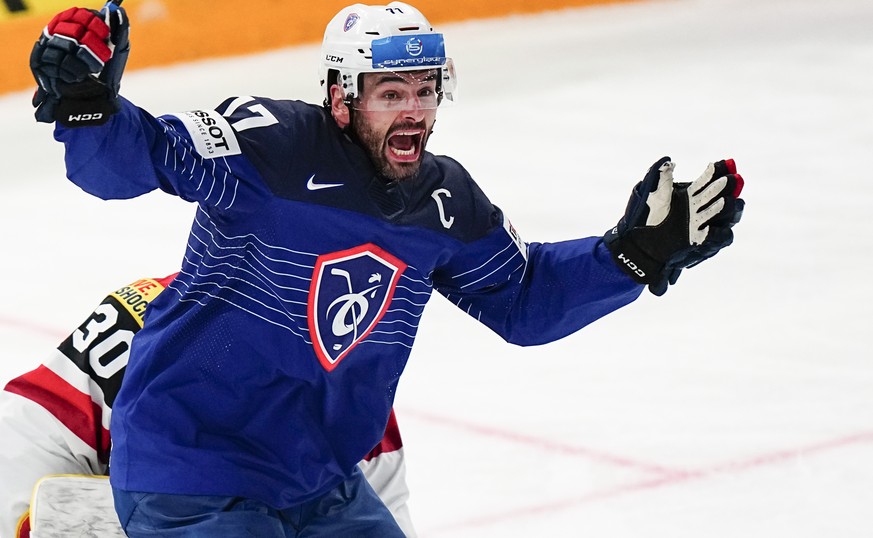 France&#039;s Sacha Treille celebrates after scoring his side&#039;s second goal during the group A match between France and Austria at the ice hockey world championship in Tampere, Finland, Saturday, ...