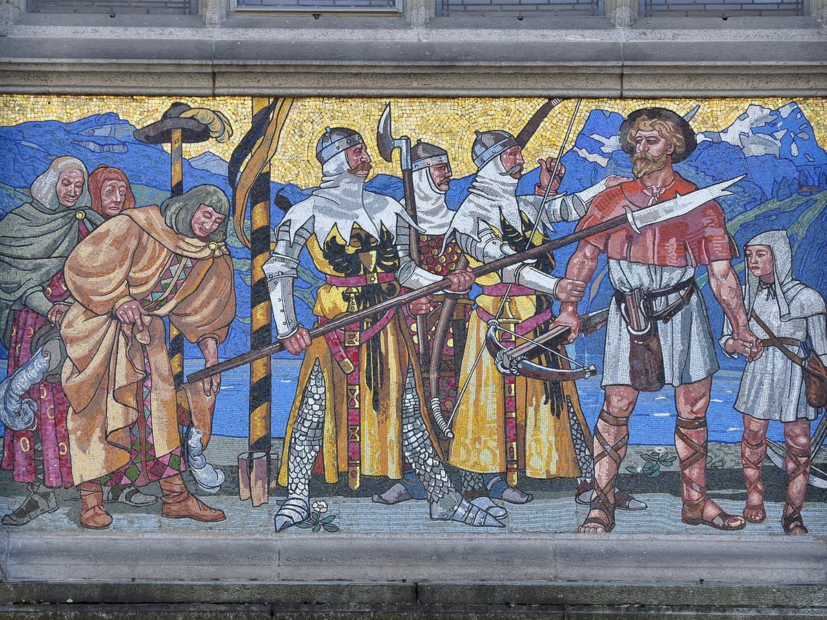 Mosaïque murale sur l'aile de la gare du Musée national Zurich. Hans Sandreuter, 1901.
https://upload.wikimedia.org/wikipedia/commons/c/ce/Landesmuseum_Z%C3%BCrich_2010-09-20_14-38-14_ShiftN.jpg