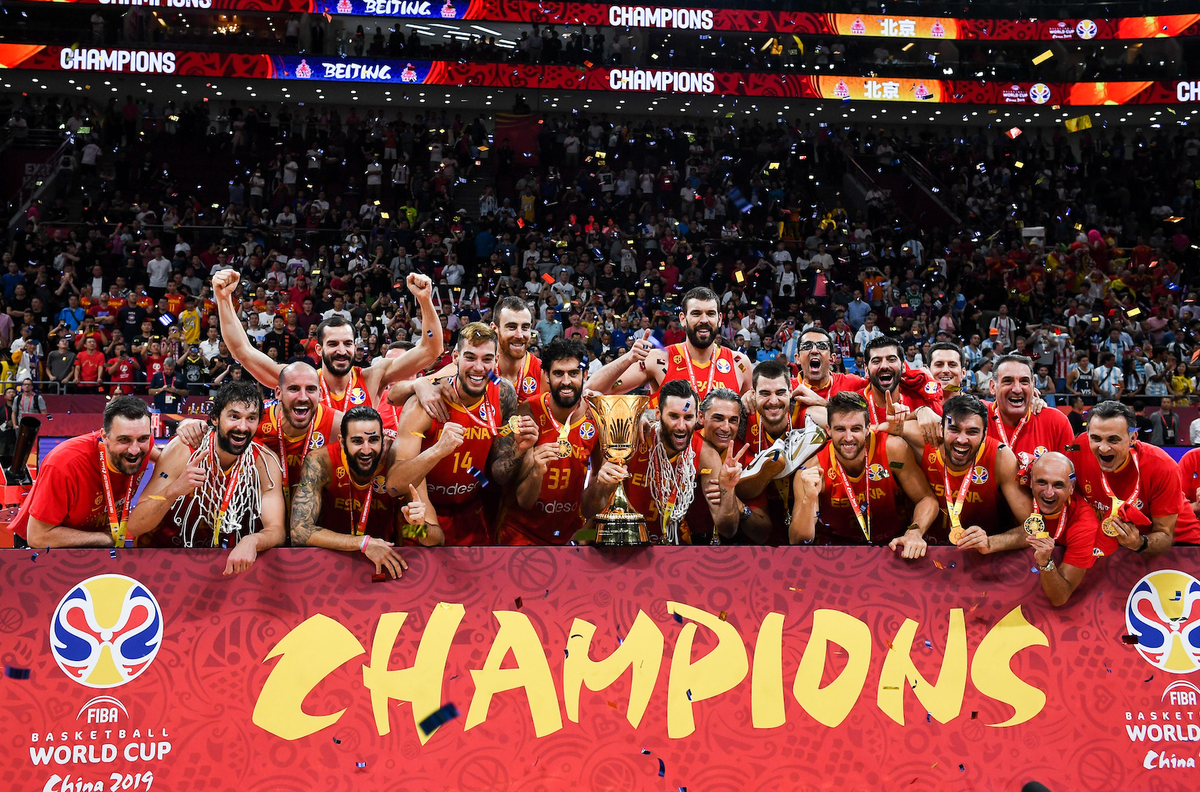 September 15, 2019, Beijing, China: Basketball players of Spain celebrate winning the chaimpionships after the Spain vs Argentina 2019 FIBA Basketball World Cup final in Beijng, China, 15 September 20 ...
