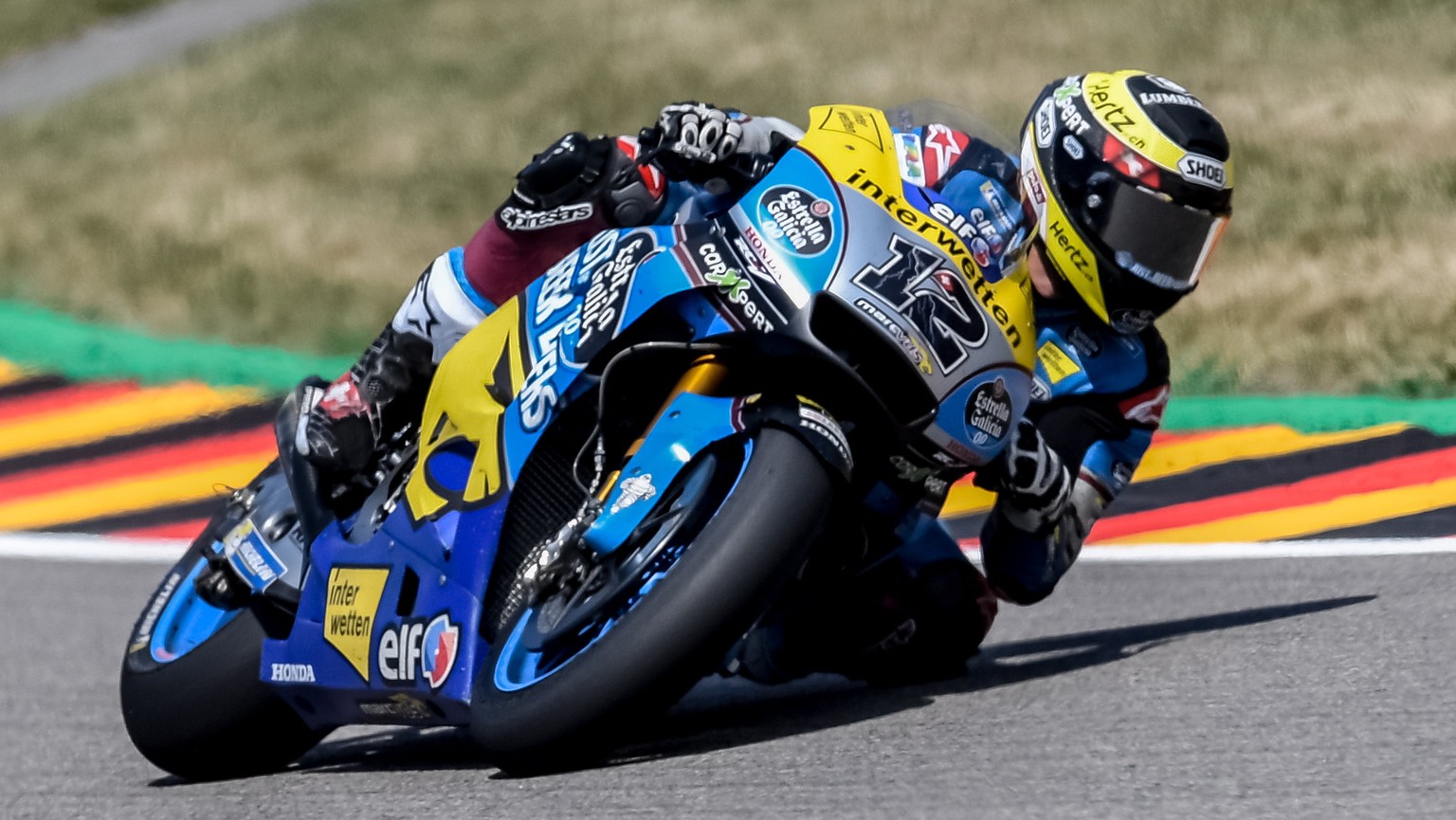 epa06889953 Swiss Moto GP rider Thomas Luthi of EG 0,0 Marc VDS Team in action during the MotoGP race of the Motorcycling Grand Prix of Germany at the Sachsenring racing circuit in Hohenstein-Ernsttha ...