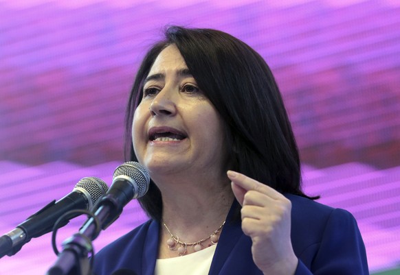 FILE - In this Sunday, Feb. 11, 2018 file photo, Serpil Kemalbay, former co-chairwoman of pro-Kurdish Peoples&#039; Democratic Party, addresses the congress in Ankara, Turkey. Turkey&#039;s state-run  ...