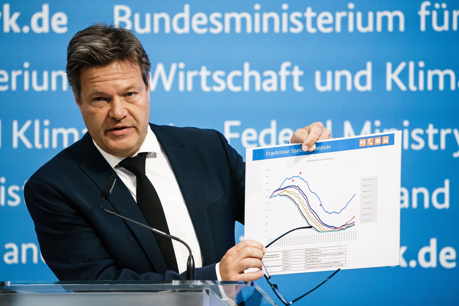 epa10029248 German Minister of Economy and Climate Robert Habeck presents a graph with gas reservoir levels during a press statement in Berlin, Germany, 23 June 2022. Habeck announced the second stage ...