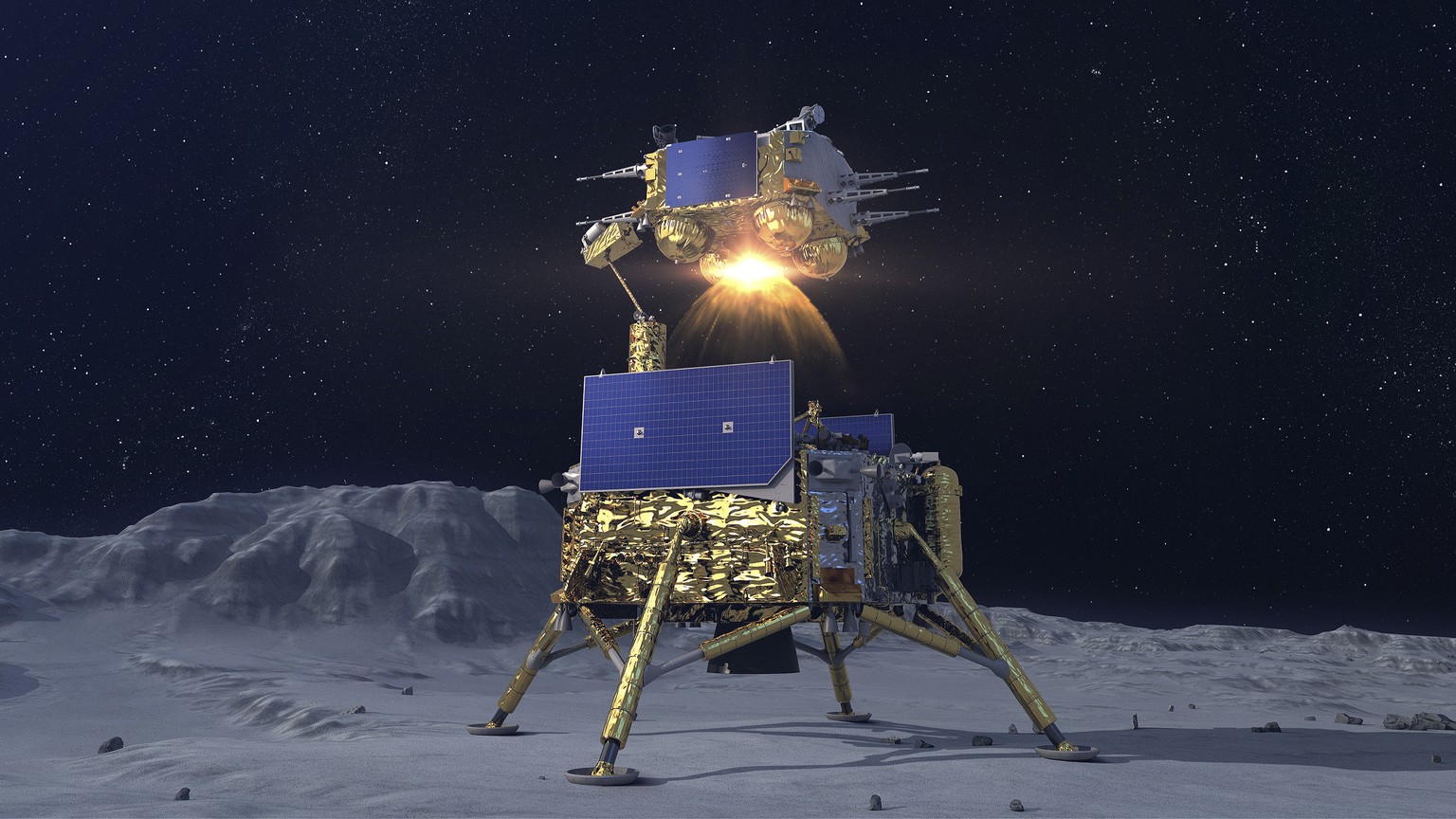 Eine computersimulierte Ansicht des Startmanövers der Aufstiegsstufe. Unten der Lander, der auf dem Mond zurückbleibt. 