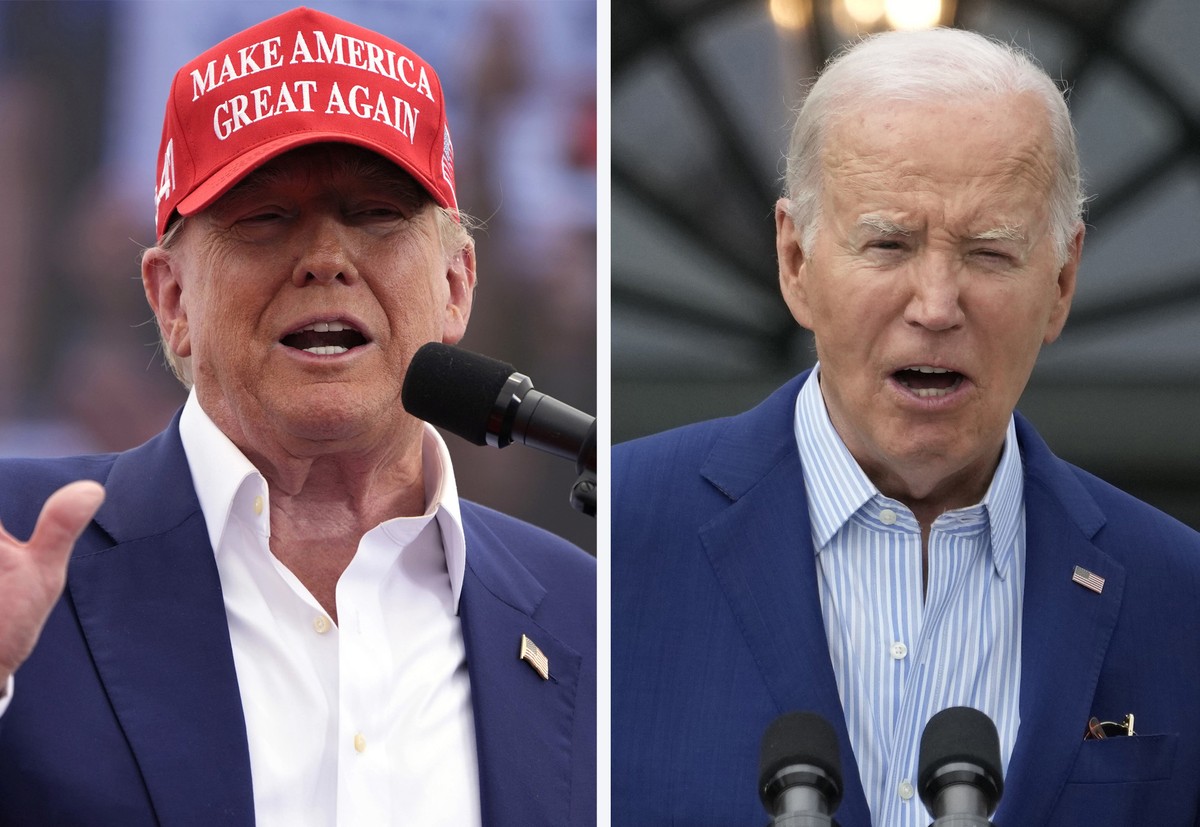 FILE - Republican presidential candidate, former President Donald Trump, left, speaks at a campaign rally in Las Vegas, June 9, 2024, and President Joe Biden speaks at White House in Washington, June  ...