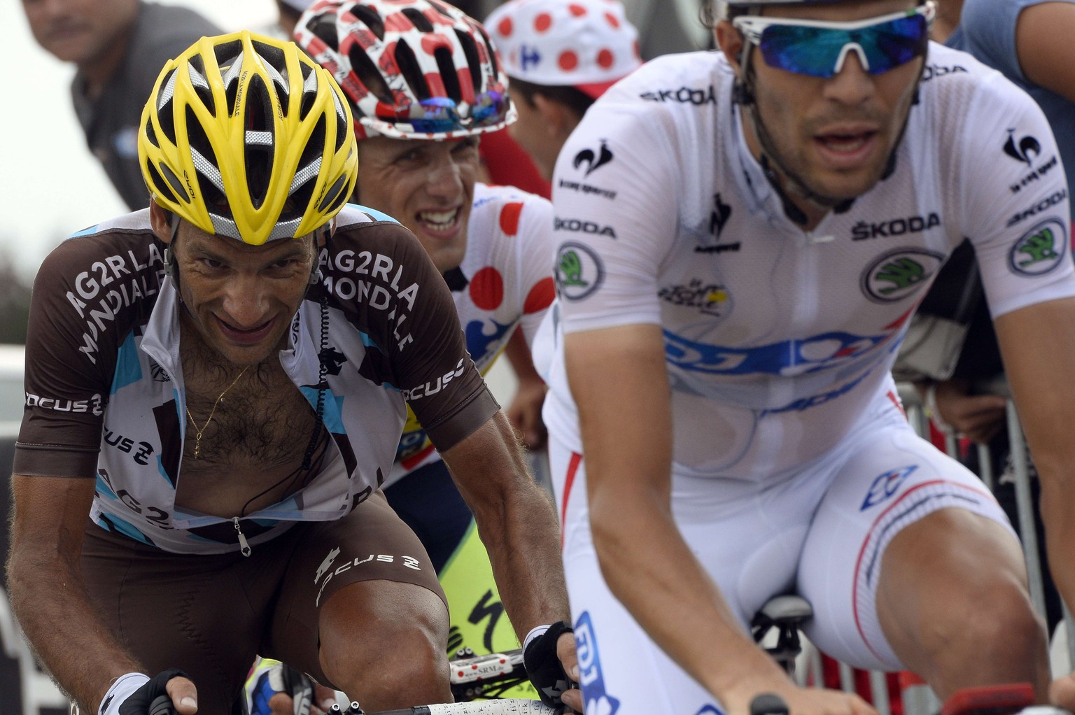 Jean-Christophe Péraud (l.) und Thibaut Pinot stürmen auf das Tour-Podest.