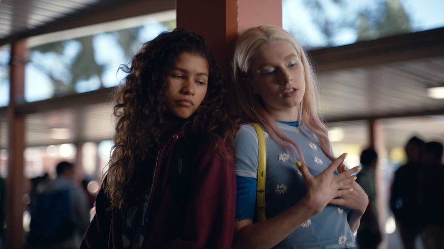 This image released by HBO shows Zendaya, left, and Hunter Schafer in a scene from the series �??Euphoria.&quot; LGBTQ and gender inclusiveness on television has retreated slightly this season due to  ...