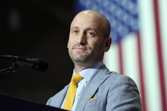 Stephen Miller speaks before Republican presidential nominee former President Donald Trump at a campaign event, Friday, Aug. 30, 2024, in Johnstown, Pa. (AP Photo/Alex Brandon)
