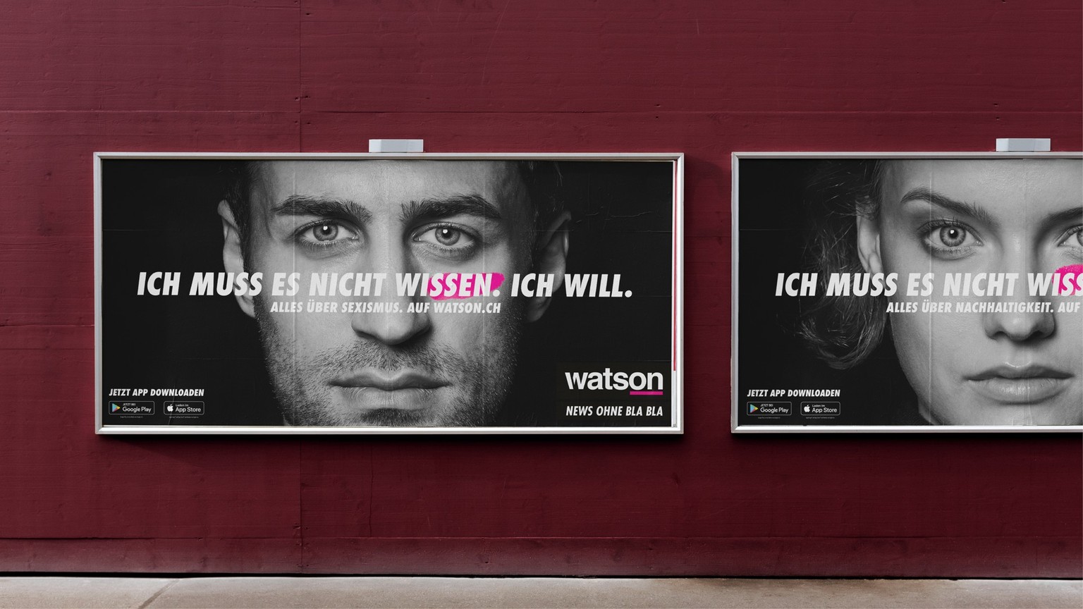 Zwei Sujets der watson Werbekampagne 2023.