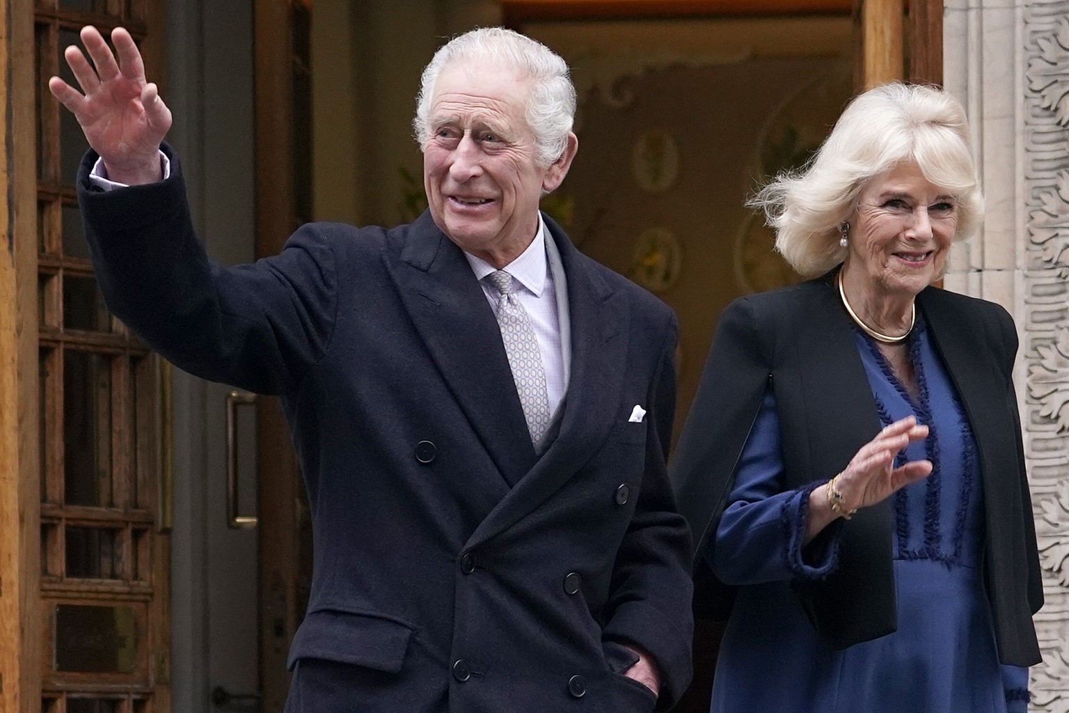 FILE - Britain&#039;s King Charles III and Queen Camilla leave The London Clinic in central London, Monday, Jan. 29, 2024. King Charles III was in hospital to receive treatment for an enlarged prostat ...