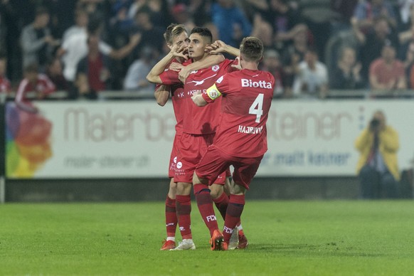 Winterthurs Anas Mahamid jubelt zu seinem Treffem zum 1:0 beim Fussballcupspiel zwischen dem FC Winterthur und dem FC St.Gallen, am Freitag, 13. September 2019, in Winterthur. (KEYSTONE/Melanie Duchen ...