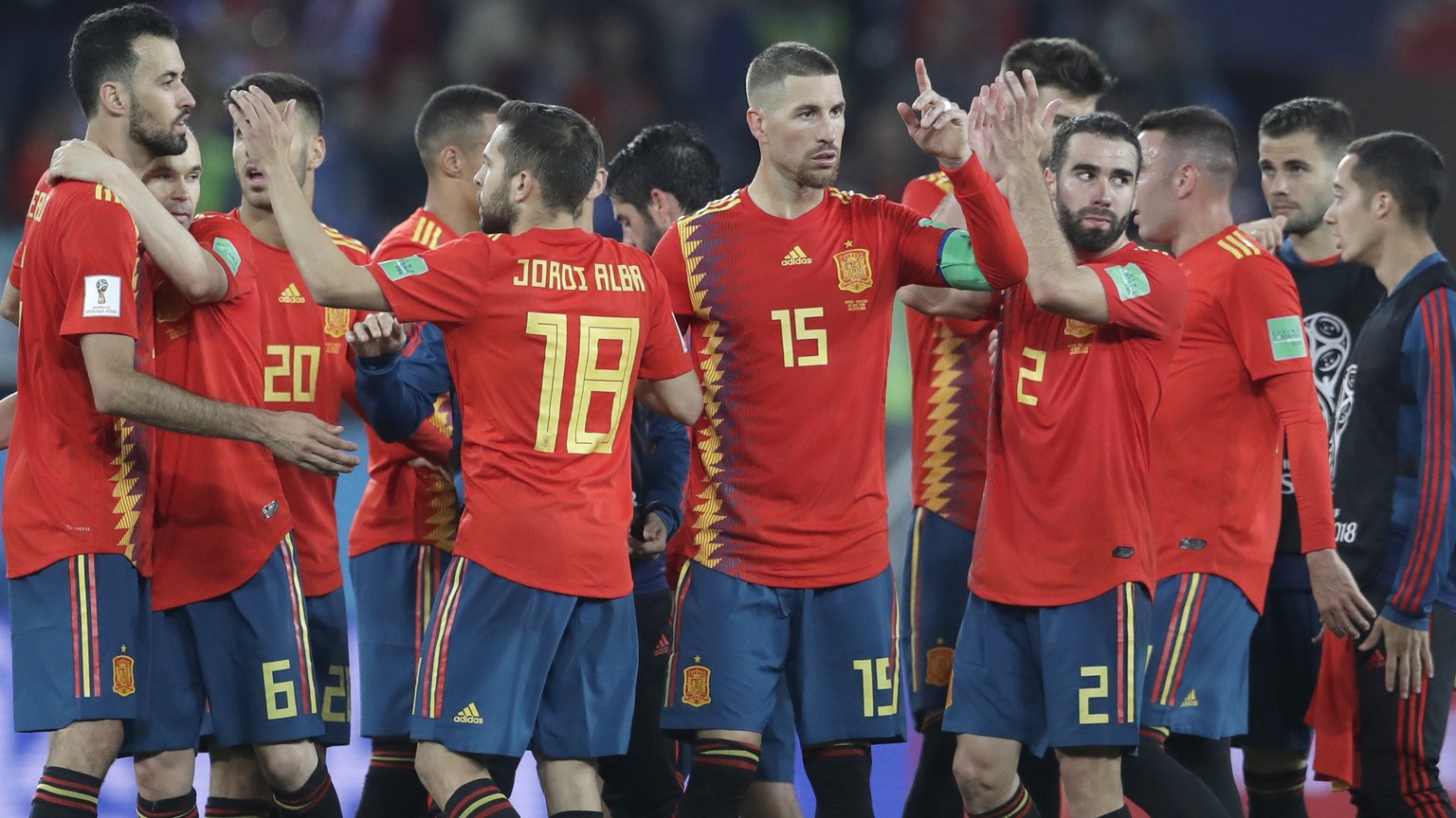 Spain players celebrate after the group B match between Spain and Morocco at the 2018 soccer World Cup at the Kaliningrad Stadium in Kaliningrad, Russia, Monday, June 25, 2018. (AP Photo/Petr David Jo ...