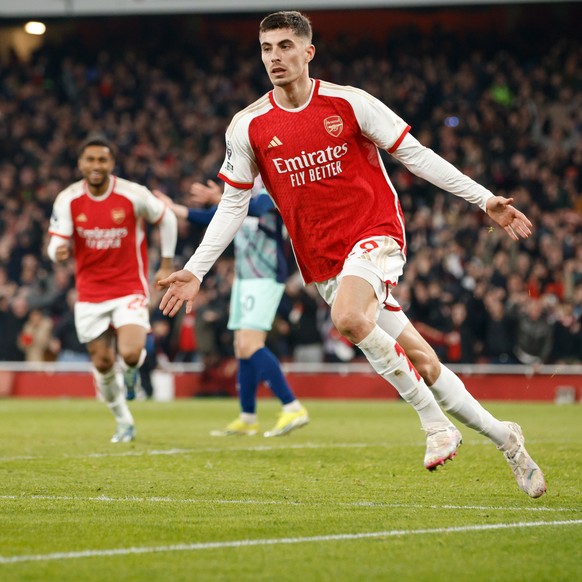 epa11209940 Kai Havertz of Arsenal celebrates scoring the 2-1 goal during the English Premier League match between Arsenal FC and Brentford FC in London, Britain, 09 March 2024. EPA/DAVID CLIFF EDITOR ...