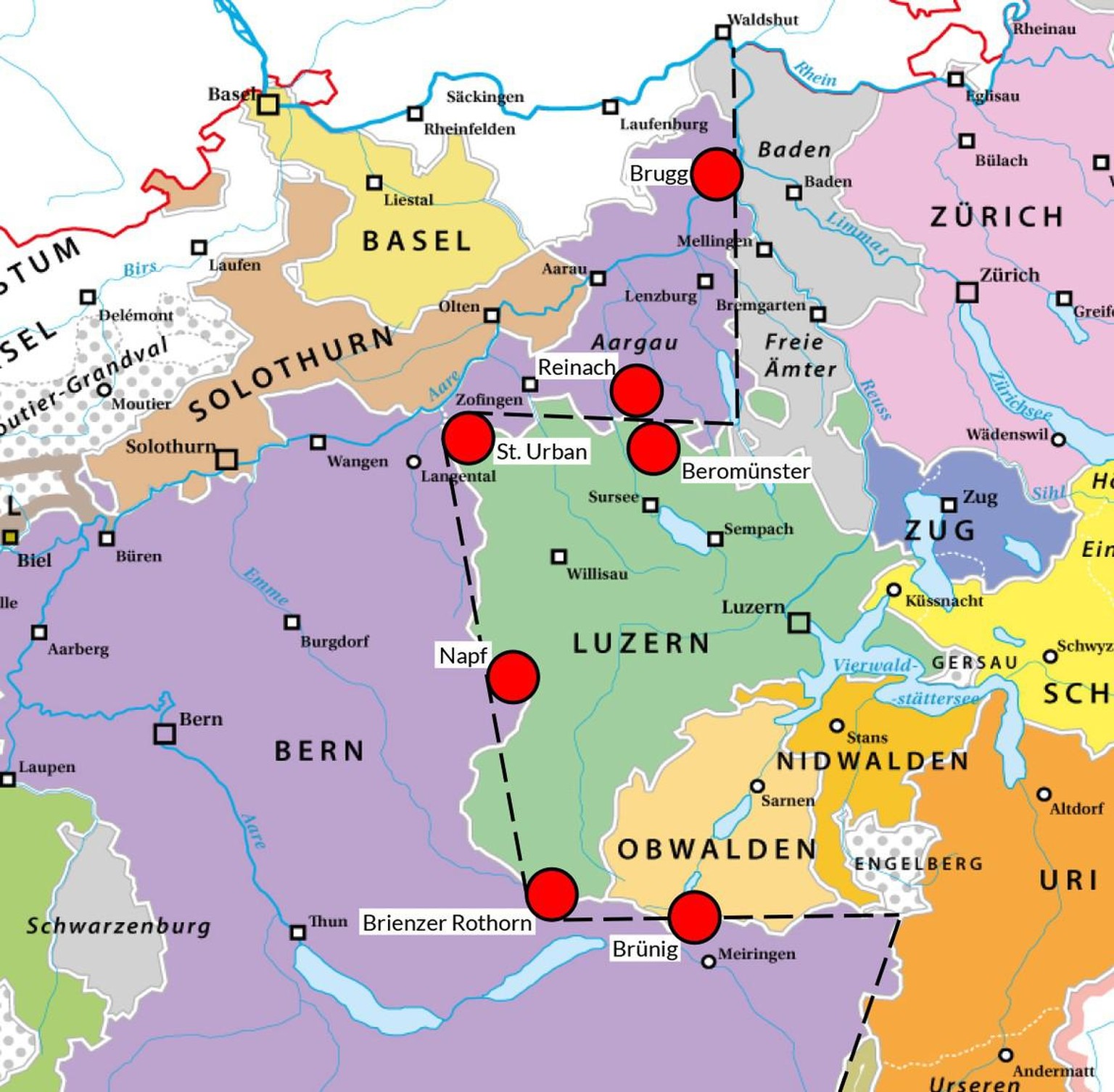 Die um 1530 entstandene Konfessionsgrenze führt zum Teil entlang einer älteren Kulturgrenze, die bis ins Hochmittelalter zurückreicht (Brünig-Napf-Reuss-Linie). Die in der Karte markierte Kulturgrenze ...