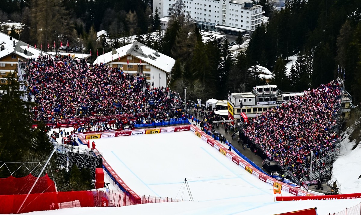 Marco Kohler of Switzerland in action during the men's Super-G race at the Alpine Skiing FIS Ski World Cup, in Crans-Montana, Switzerland, Sunday, February 23, 2025. (KEYSTONE/Jean-Christophe Bot ...