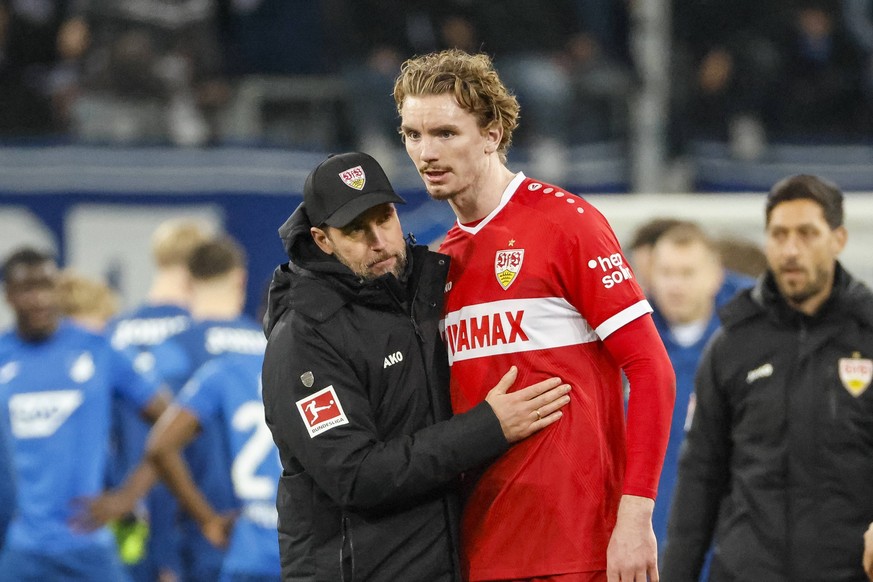 Sebastian Hoene�, Hoeness VfB Stuttgart, Trainer und Nick Woltemade VfB Stuttgart, 11 nach dem Spiel , Fussball, 1. Bundesliga, 23.Spieltag, 2024/2025, TSG Hoffenheim vs. VfB Stuttgart, 23.02.2025, Pr ...