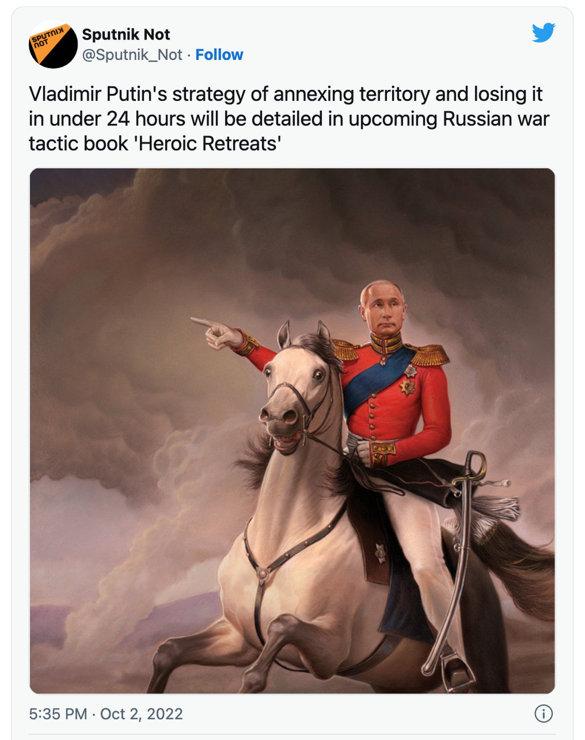 «Wladimir Putins Strategie, Gebiete zu annektieren und in weniger als 24 Stunden wieder zu verlieren, wird in dem demnächst erscheinenden russischen Kriegstaktikbuch ‹Heroische Rückzüge› detailliert b ...