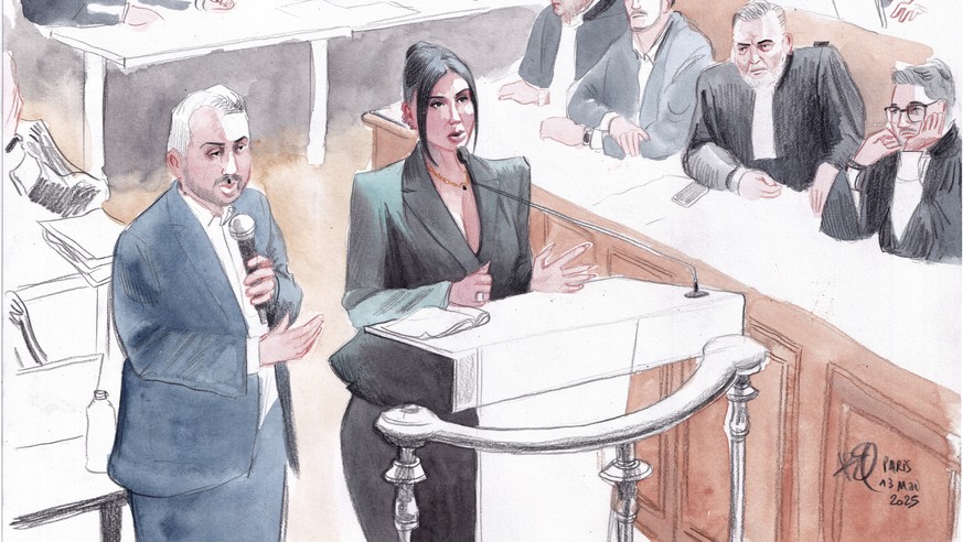 FILE - In this artist sketch, Kim Kardashian testifies regarding a robbery of millions of dollars in jewels from her Paris hotel room in 2016, in Paris, Tuesday, May 13, 2025. (AP Photo/Valentin Pasqu ...