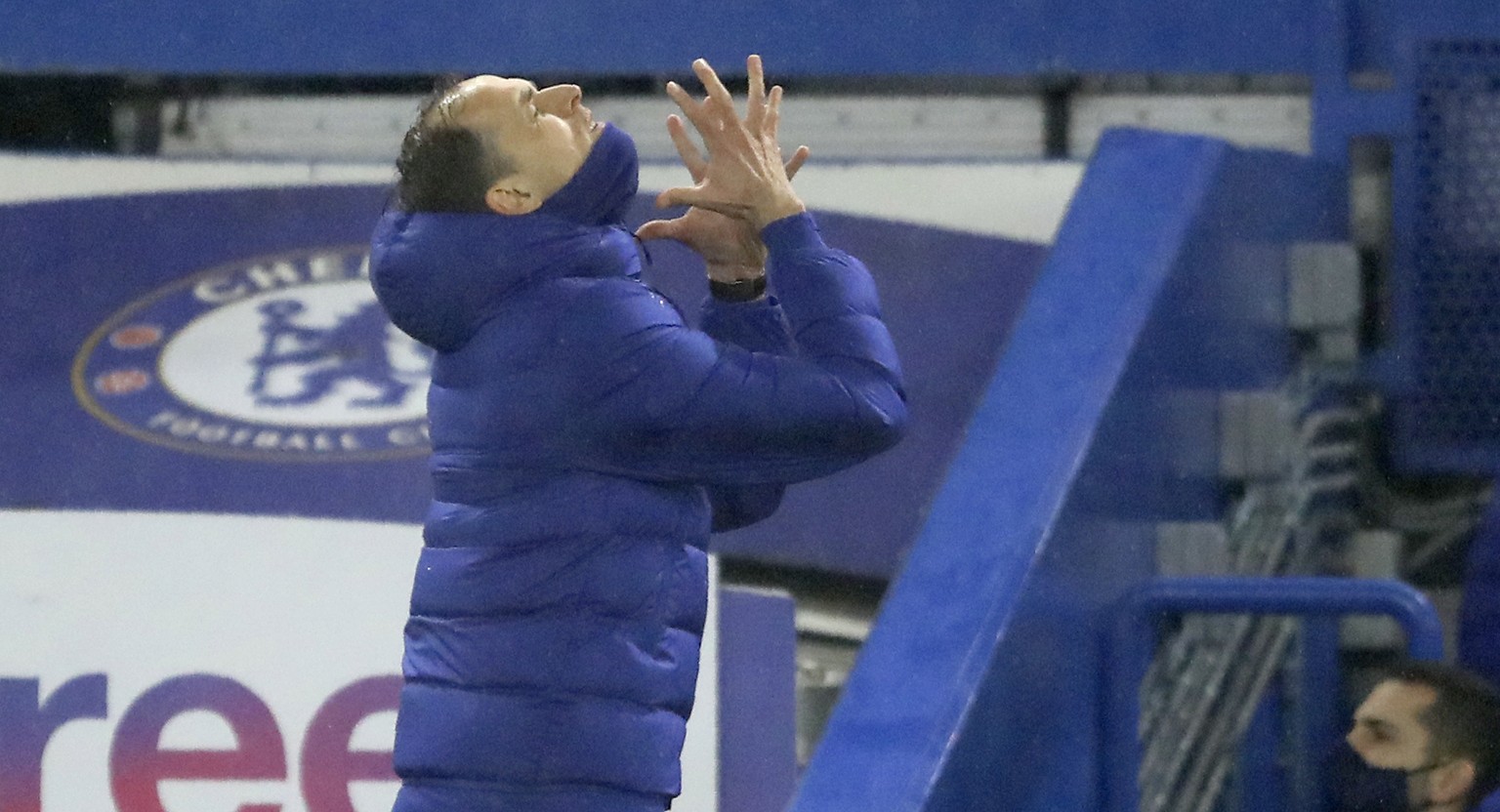 Chelsea&#039;s head coach Thomas Tuchel reacts during the English Premier League soccer match between Chelsea and Wolverhampton Wanderers at Stamford Bridge Stadium in London, England, Wednesday, Jan. ...