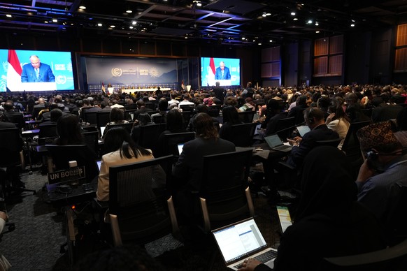 Delegates listen as Sameh Shoukry, president of the COP27 climate summit, speaks during an opening session at the COP27 U.N. Climate Summit, Sunday, Nov. 6, 2022, in Sharm el-Sheikh, Egypt. (AP Photo/ ...