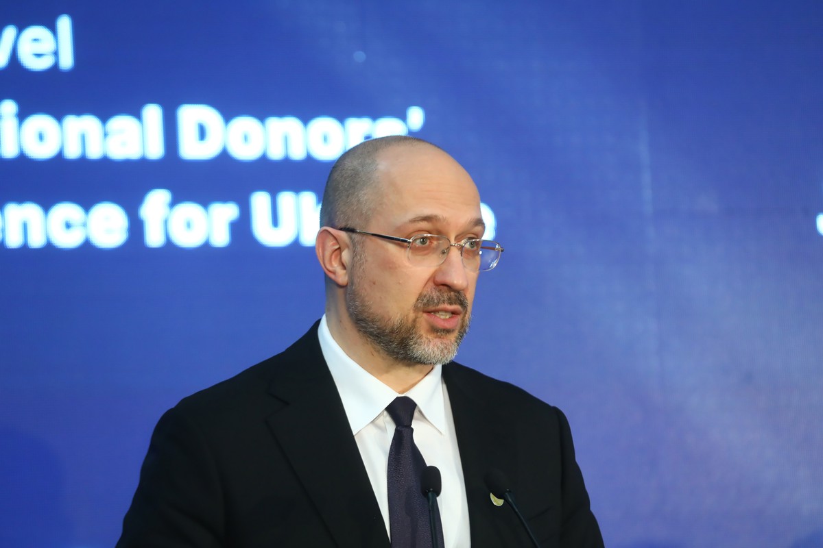 epa09928407 Prime Minister of Ukraine Denys Shmyhal attends a press conference following the end of the International Conference of High-Level International Donors' Conference for Ukraine at the  ...