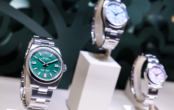 epa12889445 Rolex Oyster Perpetual model watches on display at the Swiss watch manufacturer Rolex stand during the opening day of the 'Watches and Wonders Geneva' luxury watch fair, in Genev ...