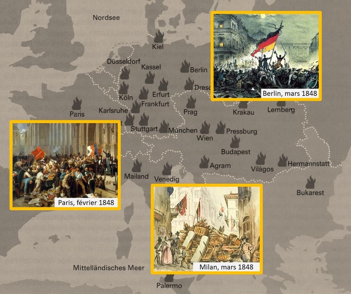 Foyers révolutionnaires en Europe 1848/49. L’incendie éclate en France avant de se propager en Allemagne, Autriche, Italie, Pologne, Hongrie et Europe du Sud-Est.
