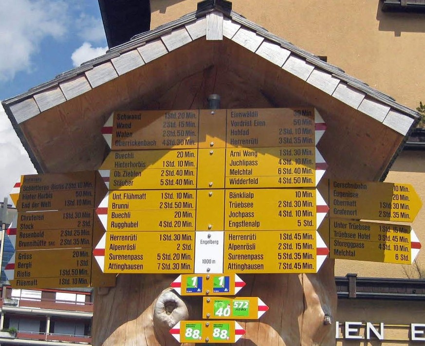 Dieser schöne Wegweiser-Stamm mit Dach steht nicht mehr in Engelberg. Aber die neue «Wegweiseranlage» ist auch beeindruckend.