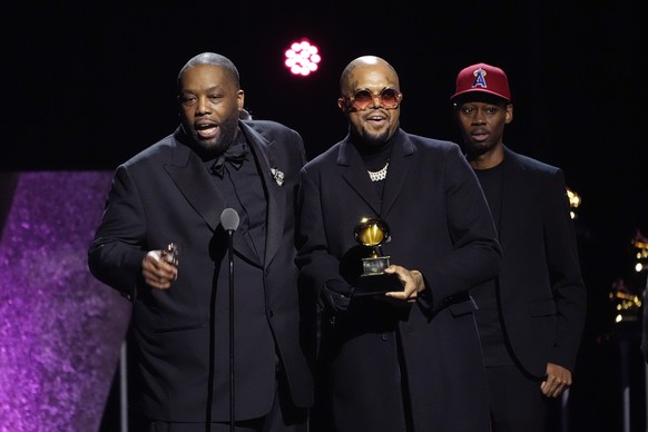 Killer Mike, left, and DJ Paul accepts the award for best rap performance for "Scientists & Engineers" during the 66th annual Grammy Awards on Sunday, Feb. 4, 2024, in Los Angeles. (AP P ...
