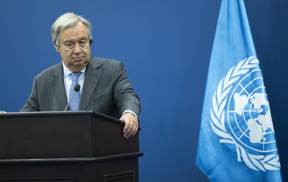 epa06170117 United Nations Secretary General Antonio Guterres looks on during a joint press conference with the Palestinian Prime Minister Rami Hamdallah (not pictured) at the Prime Minister office in ...