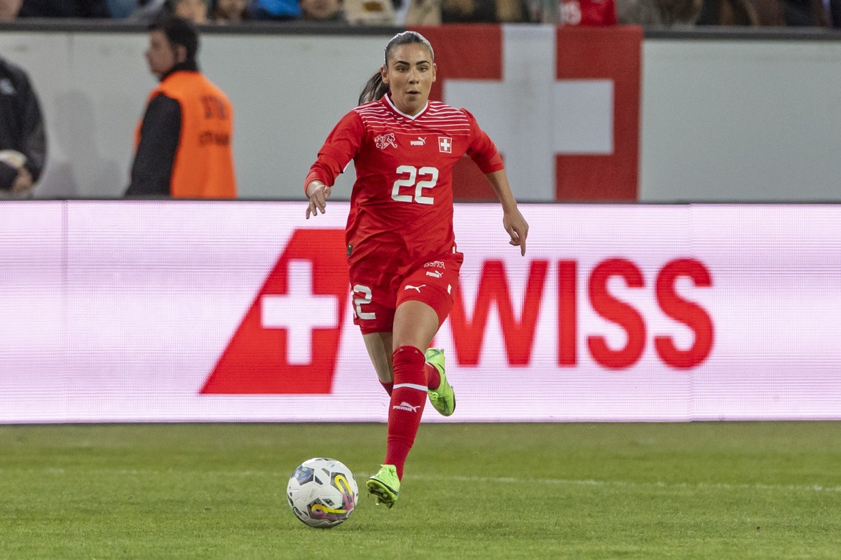 Meriame Terchoun from Switzerland at a women's international friendly soccer match between Switzerland and China at the Swissporarena in Luzern, Switzerland, on Thursday, April 6, 2023. (KEYSTONE ...