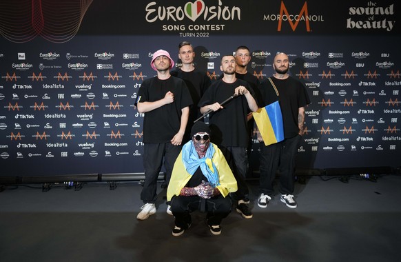 FILE - Kalush Orchestra of Ukraine pose for photographers after winning the Grand Final of the Eurovision Song Contest at Palaolimpico arena, in Turin, Italy, Sunday, May 15, 2022. The organizer of th ...