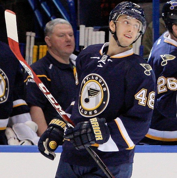 St. Louis Blues&#039; Petteri Lindbohm, of Finland, watches a video replay of the goal he scored during the second period of an NHL hockey against the Boston Bruins game Friday, Feb. 20, 2015, in St.  ...