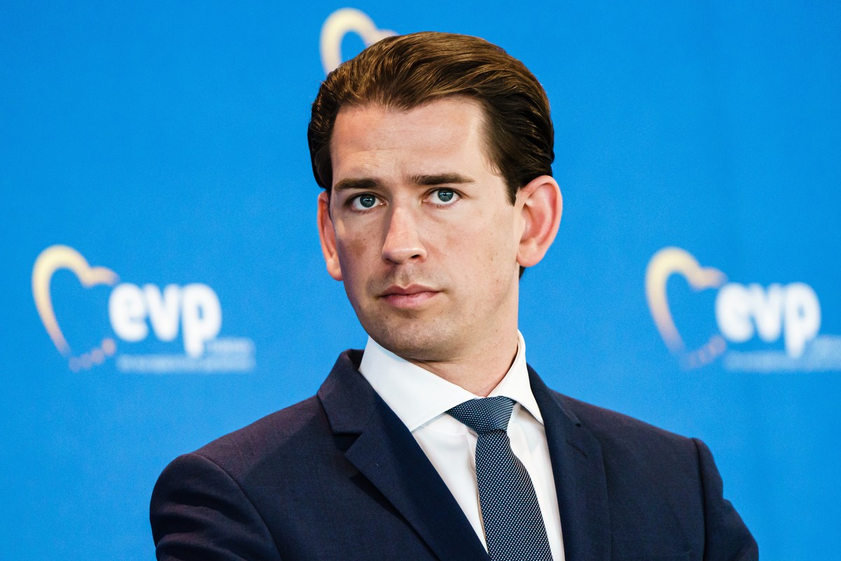 epa09458018 Austrian Chancellor Sebastian Kurz looks on during a press conference at an EPP Group Bureau meeting in Berlin, Germany, 09 September 2021. The European People's Party (EPP) Group Bur ...