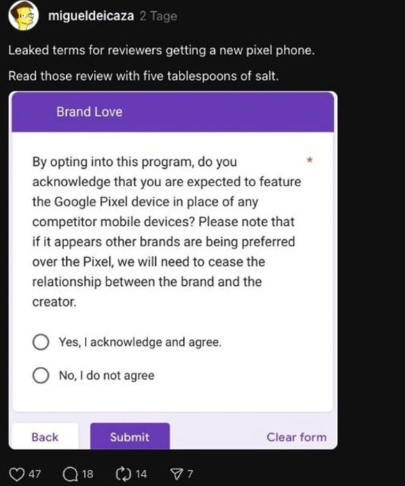 Mit dieser Zustimmung wollte Google erreichen, dass Influencer keine anderen Geräte außer dem Pixel 9 verwenden.