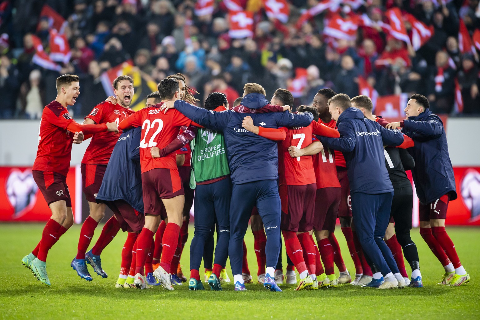 Switzerland&#039;s soccer players celebrate after directly qualifying for the FIFA World Cup Qatar 2022 during the 2022 FIFA World Cup European Qualifying Group C match between Switzerland and Bulgari ...