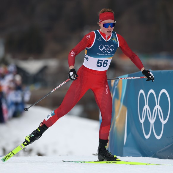 epa12730873 Nadja Kaelin of Switzerland competes in the Women's 10km Interval Start Free of the Cross-Country Skiing competitions at the Milano Cortina 2026 Winter Olympic Games, in Tesero, Italy ...