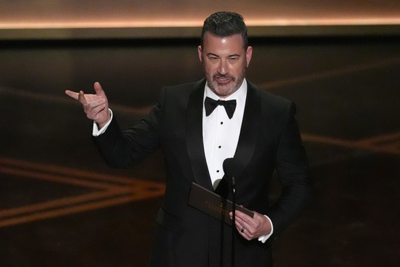 Jimmy Kimmel presents the award for best documentary short film during the Oscars on Sunday, March 15, 2026, at the Dolby Theatre in Los Angeles. (AP Photo/Chris Pizzello)
Jimmy Kimmel