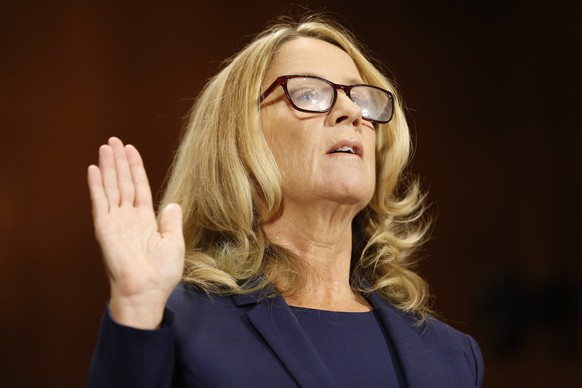 epa07087465 YEARENDER SEPTEMBER 2018
Dr. Christine Blasey Ford is sworn in before the Senate Judiciary Committee hearing on the nomination of Brett Kavanaugh to be an associate justice of the Supreme ...