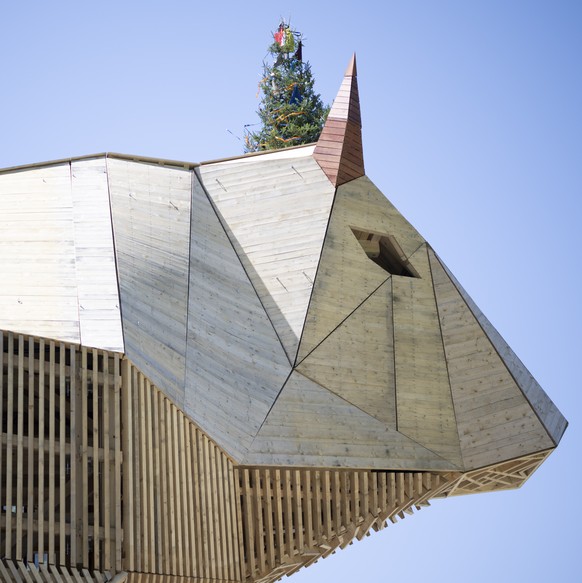 Der Holzmuni Max, aufgenommen am Freitag, 8. August 2025, auf dem Gelaende des Eidgenoessischen Schwing- und Aelplerfestes ESAF 2025, in Mollis. Der Holzmuni ist 21 Meter hoch und soll nach dem ESAF z ...
